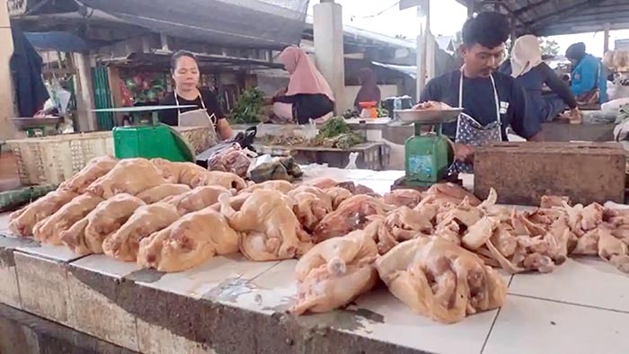 Salah satu pedagang daging ayam potong di Pasar B Srikaton Kecamatan Tugumulyo Musi Rawas. 